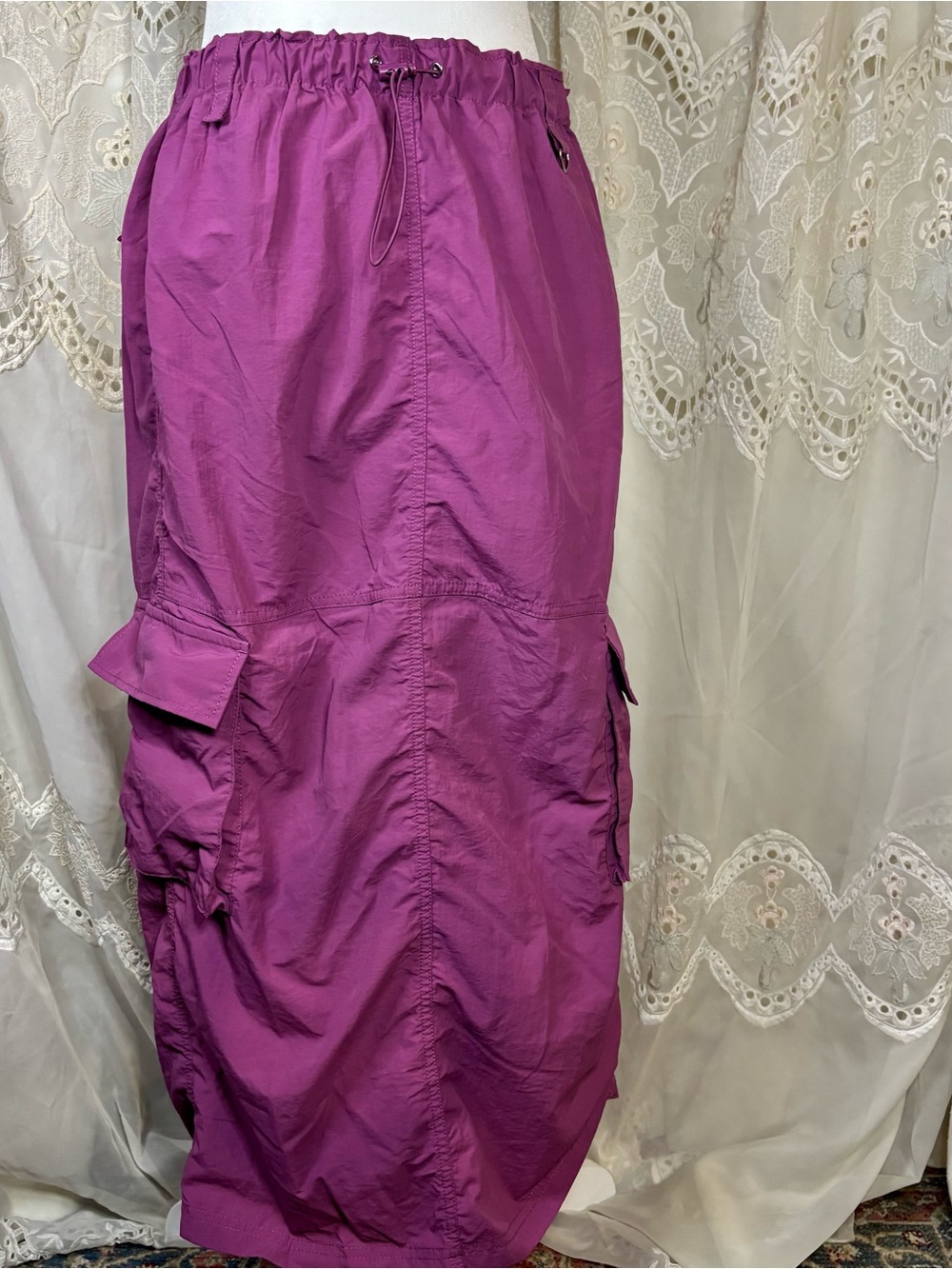 Love Tree Pink Nylon Cargo Maxi Skirt Y2K Utility Drawstring Size M